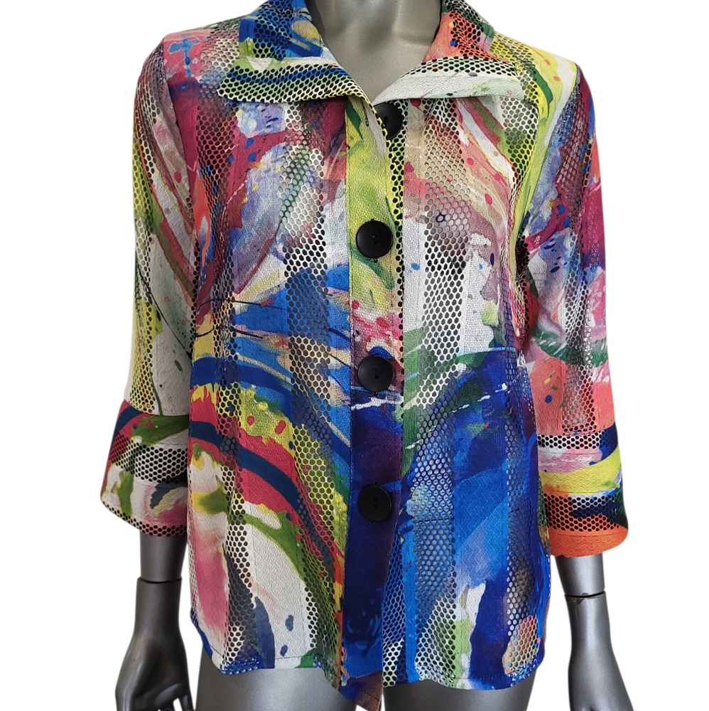 136B. Damee Colorful Abstract Button-Up Mesh Jacket - Size Small